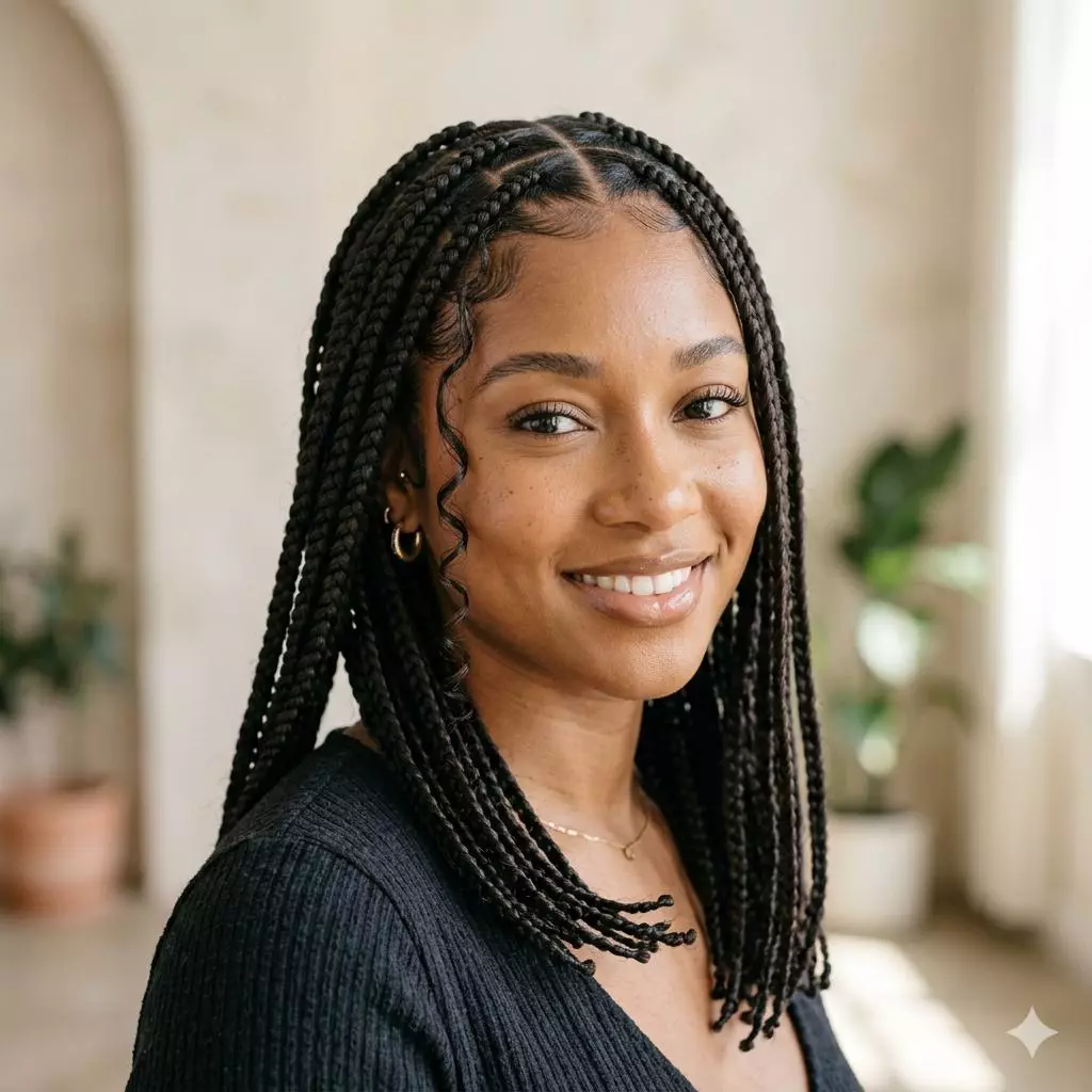 knotless braids for Black women with natural-looking roots, medium length, soft face framing, and clean parting