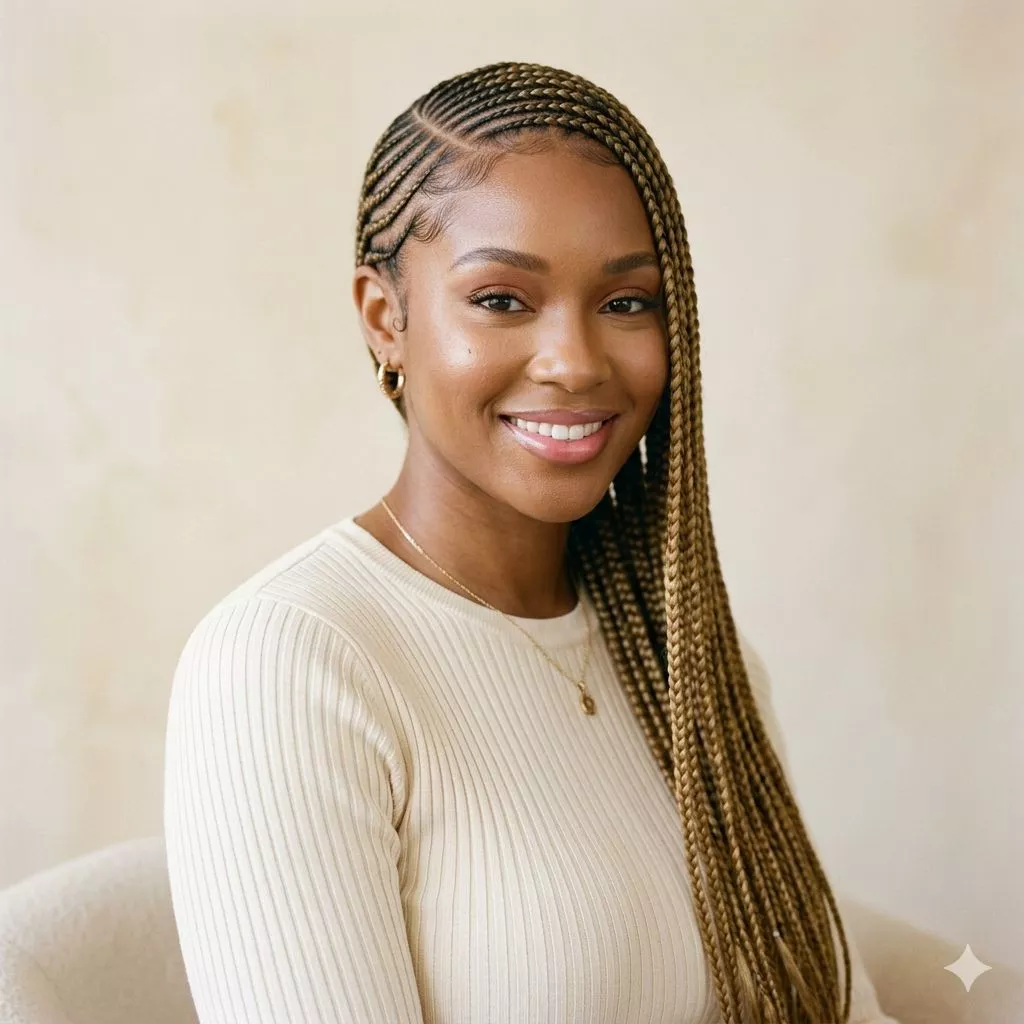 lemonade braids for Black women with side-swept cornrow pattern, clean edges, and long polished braid length