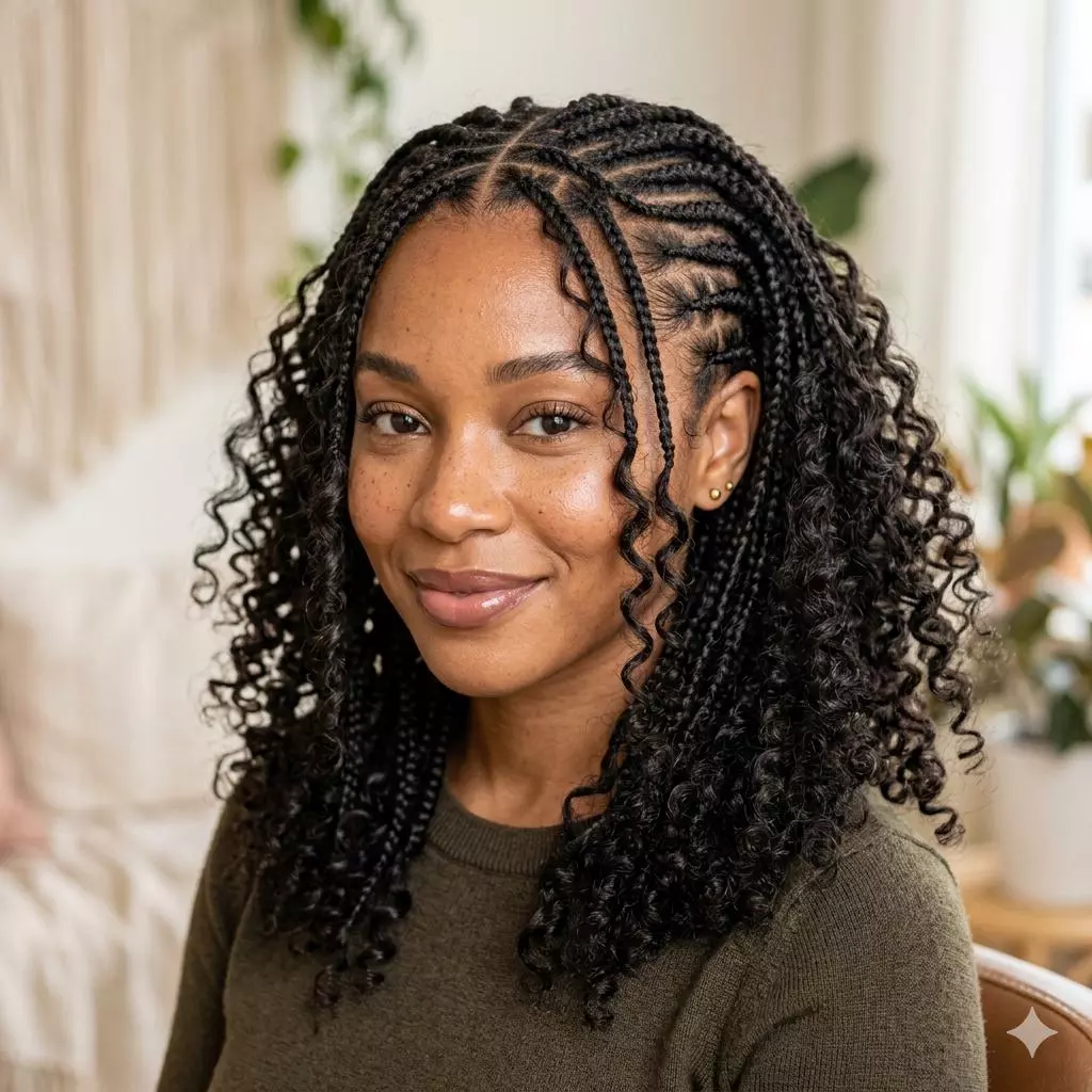 natural braided hairstyles for Black women with soft cornrows, loose curls, mini braids, and low-tension protective styling