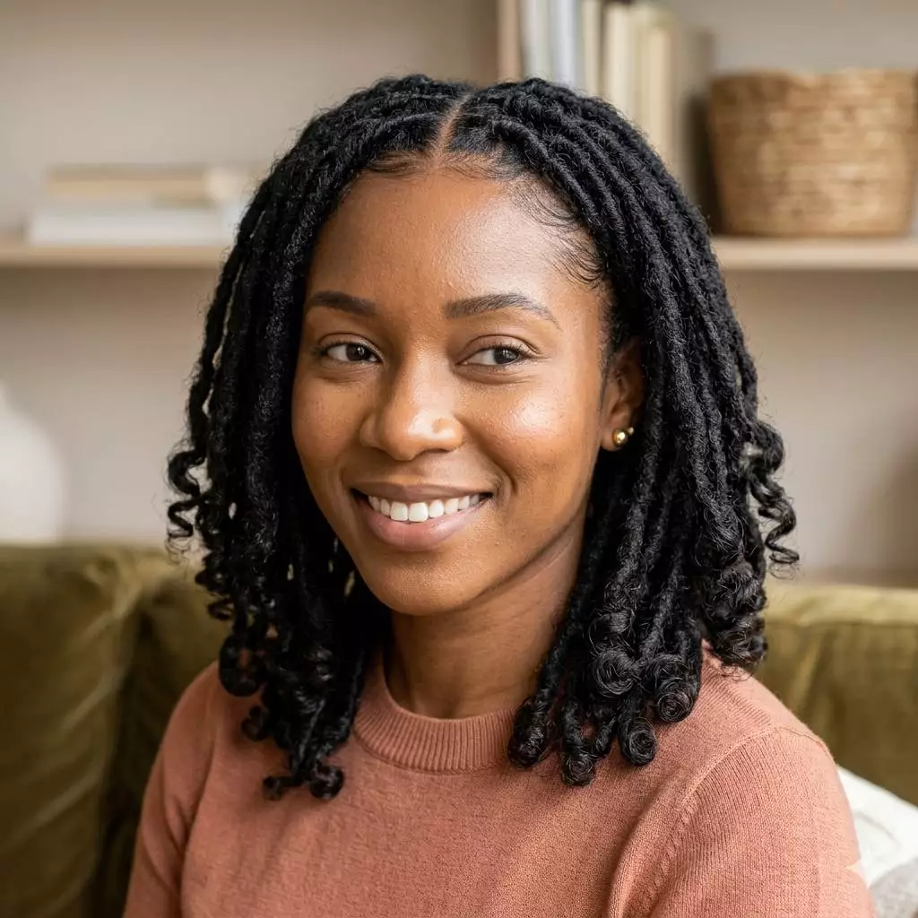 curly end loc styles for black women with soft curled tips, medium length, and a relaxed polished finish