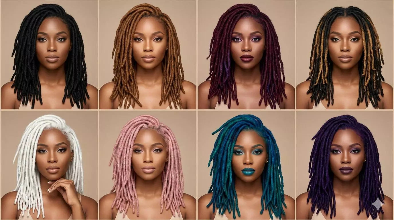 loc color ideas collage for black women with natural black locs, warm brown locs, burgundy locs, honey-highlight locs, platinum white locs, soft pink locs, teal-blue locs, and deep purple loc styles