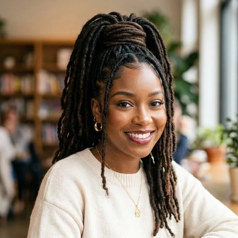 loc ponytail styles for black women with high gathered locs, wrapped base, and lifted face-framing shape