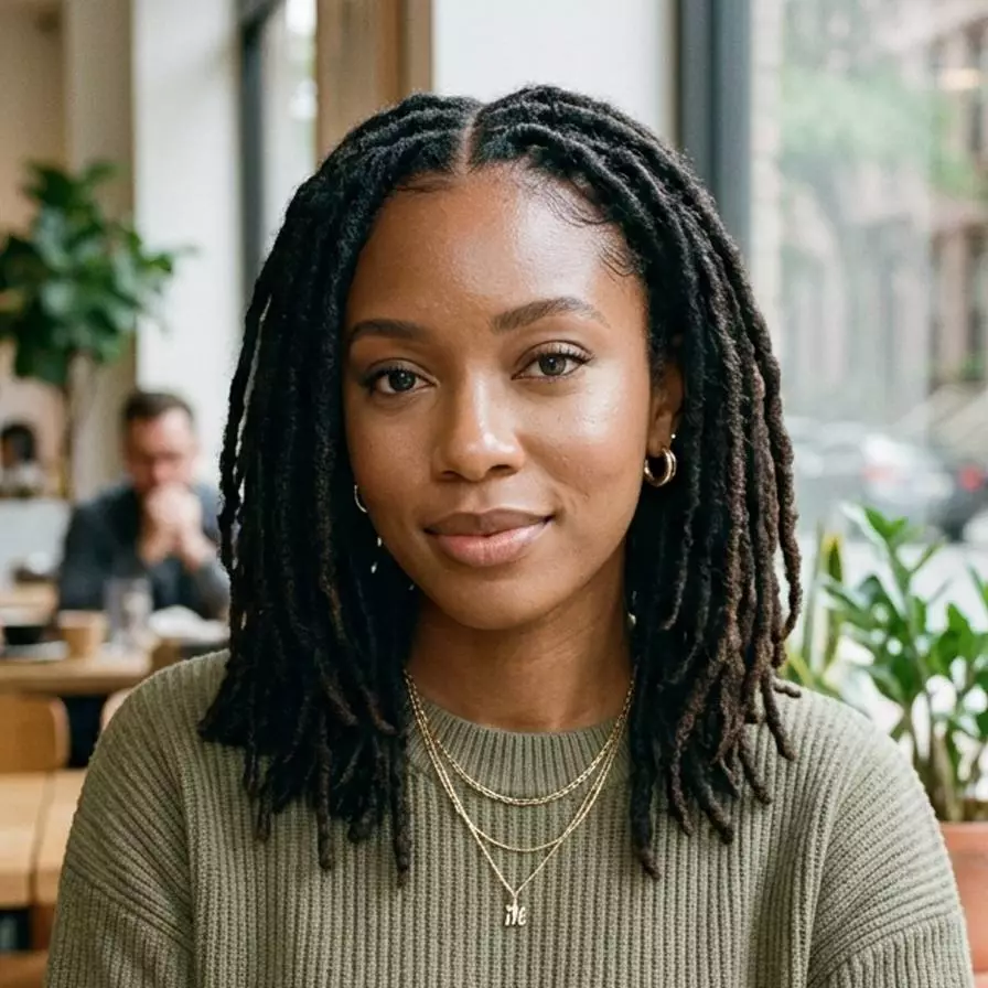 loc styles for black women hero image with neat medium locs, soft face-framing shape, polished parting, and an elegant everyday finish