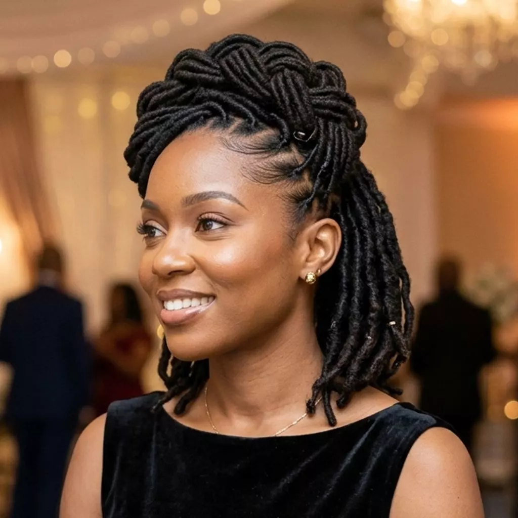loc updo styles for black women with pinned crown shape, lifted silhouette, and an elegant event-ready finish