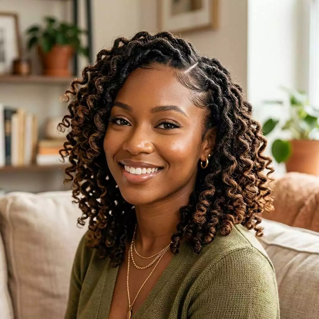 pipe cleaner curl loc styles for black women with defined curled loc texture, soft volume, and a playful polished result