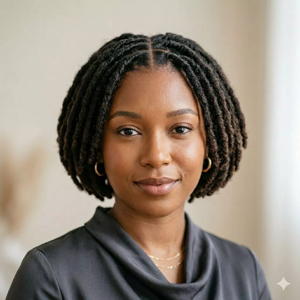 rounded short loc styles for black women with soft shape, neat retwist, and compact face-framing length