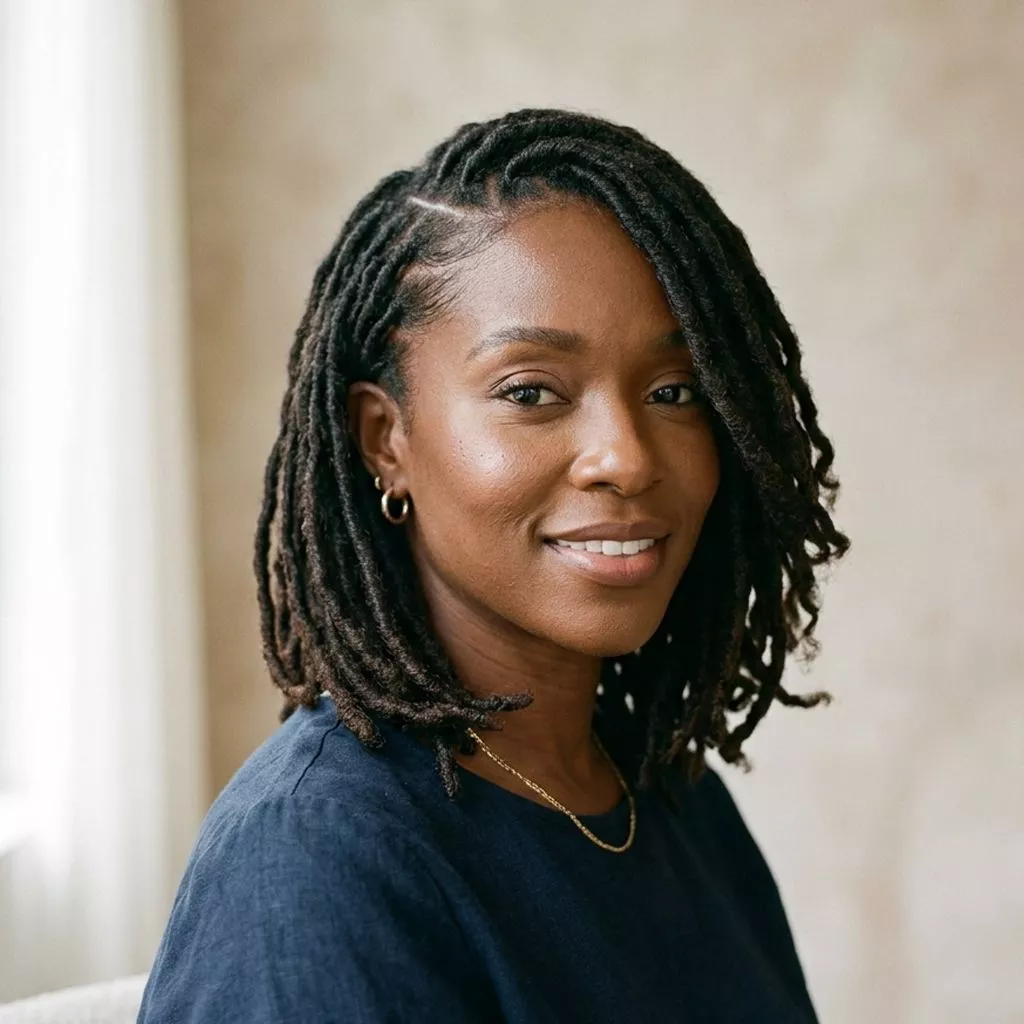 side part loc bob for black women with shoulder-grazing loc length, soft side sweep, and balanced polished finish