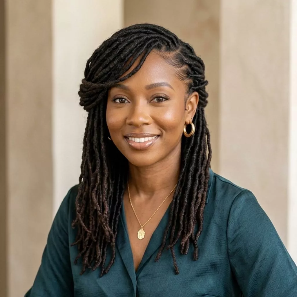 side swept and pinned back loc styles for black women with soft front sweep, visible length, and polished face-framing detail