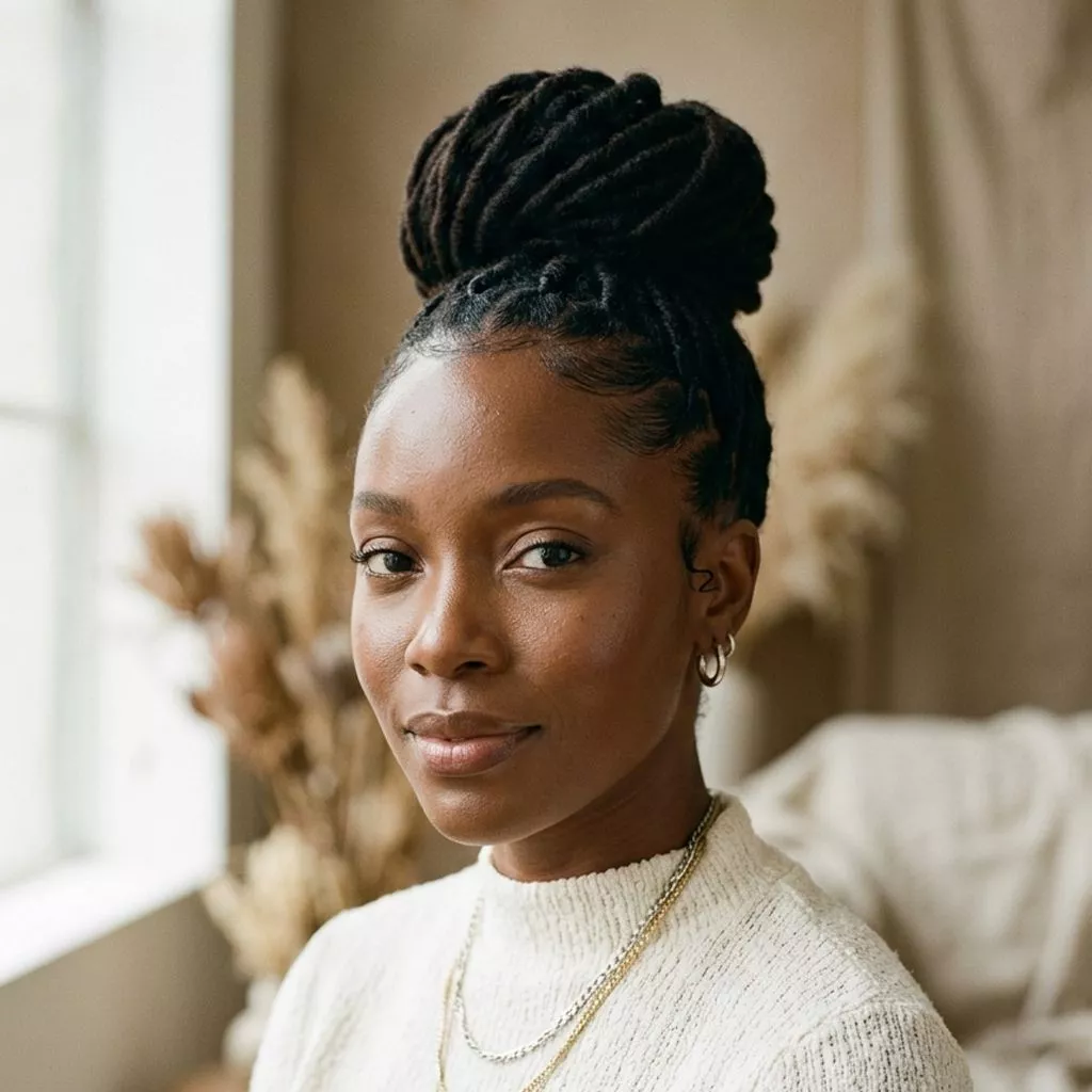 top bun loc styles for black women with lifted crown, wrapped loc bun, clean edges, and an elegant polished silhouette