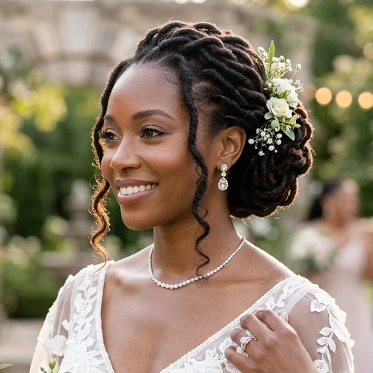 wedding loc styles for black women with soft pinned loc updo, romantic face-framing pieces, and an elegant bridal finish