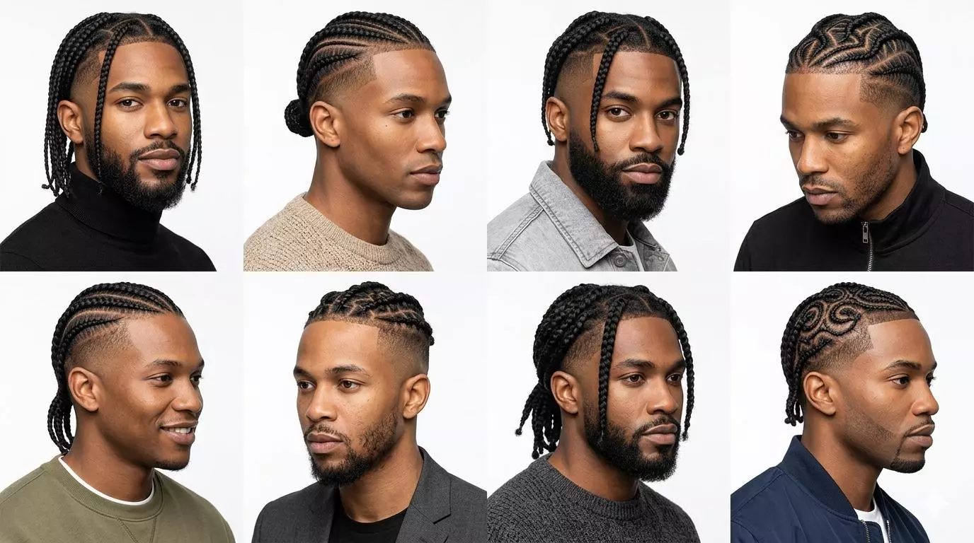 Black men wearing knotless braids, cornrows and stitch braids with tapered sides, modern and stylish looks