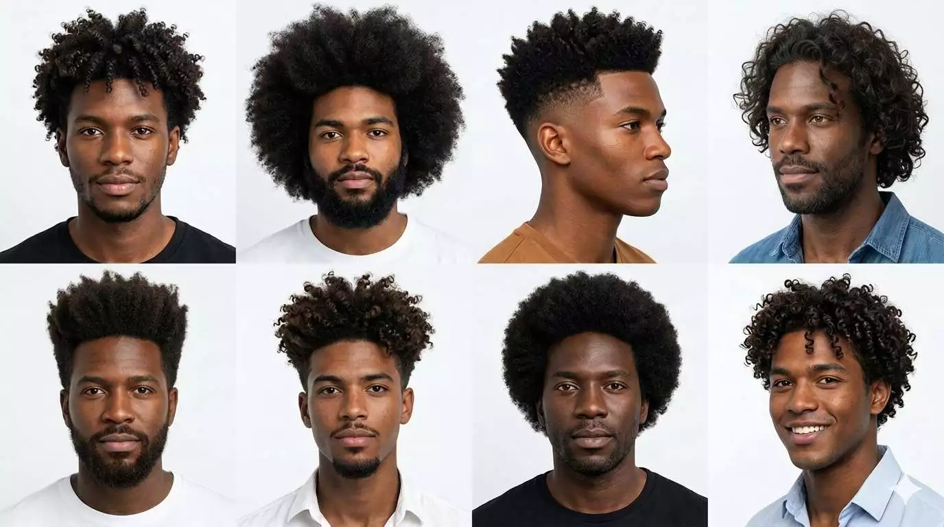 Black men with natural curly hairstyles, high top afro, tapered afro and voluminous textured hair