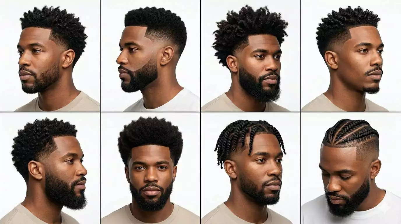 Collage of various low taper fade, drop fade, burst fade and mid fade haircuts on Black men with different face shapes and beard styles