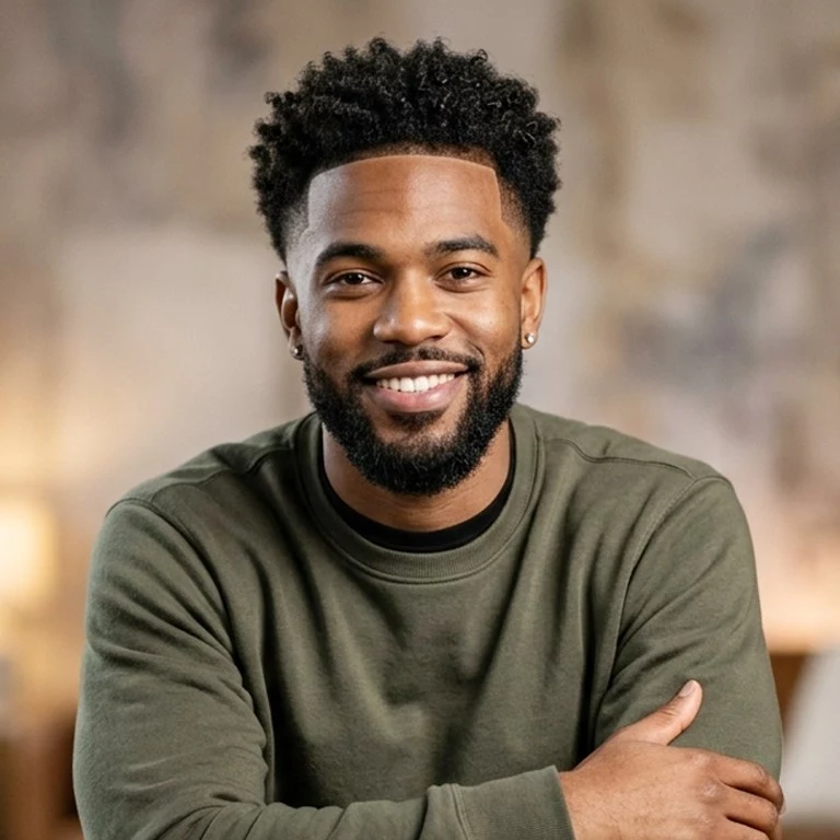 Confident Black man with a sharp modern low taper fade, clean lineup and beard, representing current popular black men hairstyles
