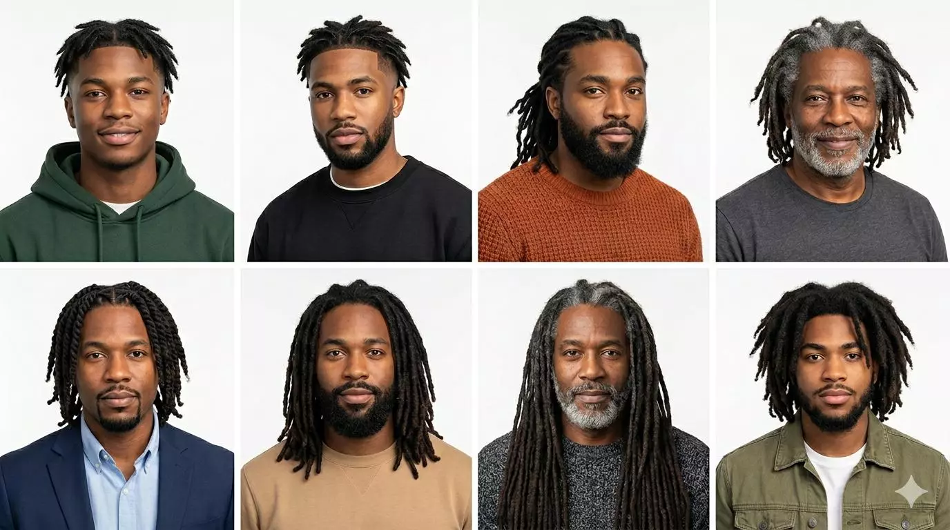 Black men with stylish locs including short tapered locs, medium length locs and mature dreadlocks