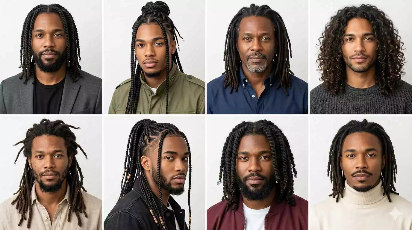 Black men with long hairstyles including long twists, long braids and shoulder length locs