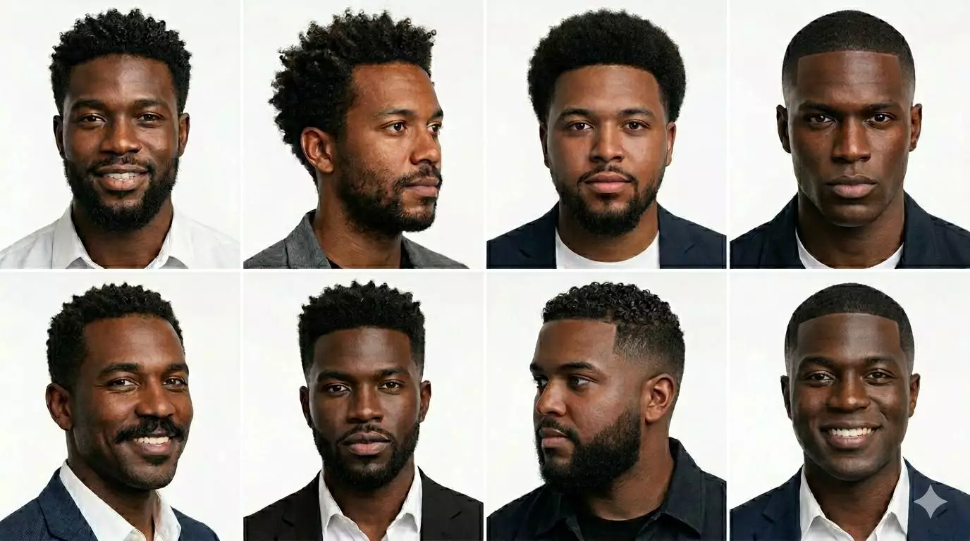 Black men with short hairstyles including cropped curls, sponge curls, tapered afro and clean line up