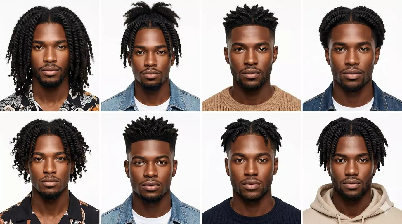 Black men with neat two strand twists, twist out volume and tapered sides, natural textured hairstyle