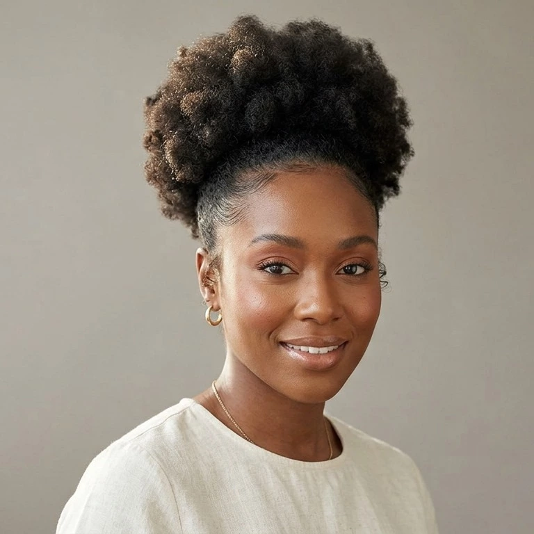 afro puff hairstyle for black women with soft full volume, clean front shaping, and an easy everyday natural finish