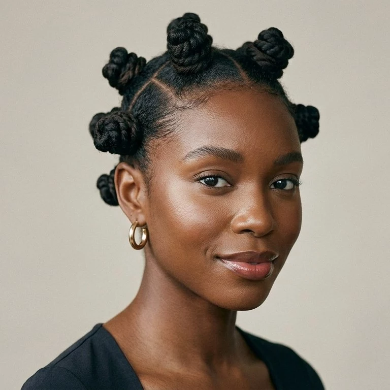 bantu knots natural hairstyle for black women with neat sections, sculpted knot shape, and a bold natural finish