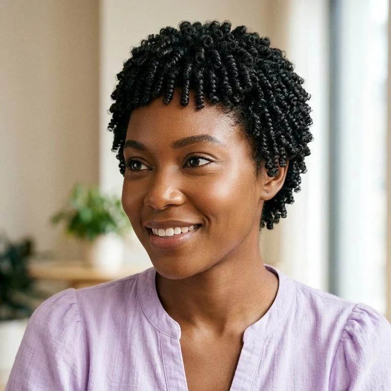 finger coil natural hairstyle for black women with neat definition, compact shape, and a polished close-to-the-head finish