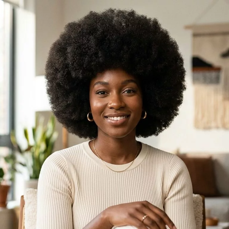 full afro natural hairstyle for black women with rounded volume, soft texture, and a confident natural silhouette