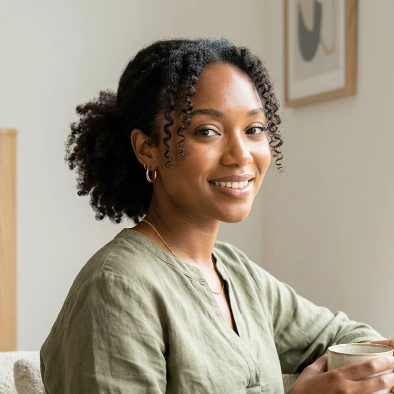 low afro puff natural hairstyle for black women with softer front pieces and relaxed everyday shape