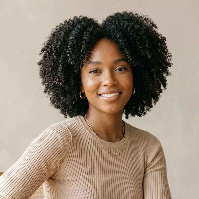 natural hairstyles for black women hero image with soft defined curls, rounded shape, natural volume, and a polished everyday finish