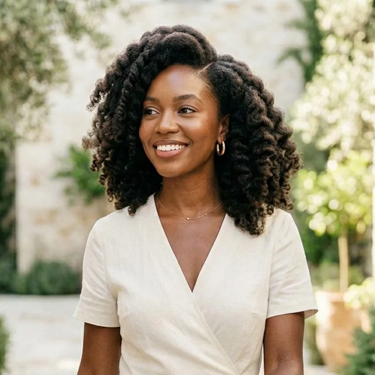 side-part stretched twist-out natural hairstyle for black women with fuller side volume and soft face-framing shape