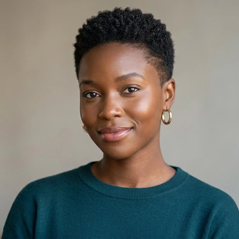 twa natural hairstyle for black women with short tapered shape, soft texture, and a clean bold outline