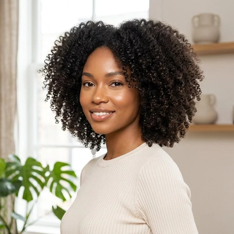 wash-and-go natural hairstyle for black women with visible curl pattern, soft definition, and airy natural movement