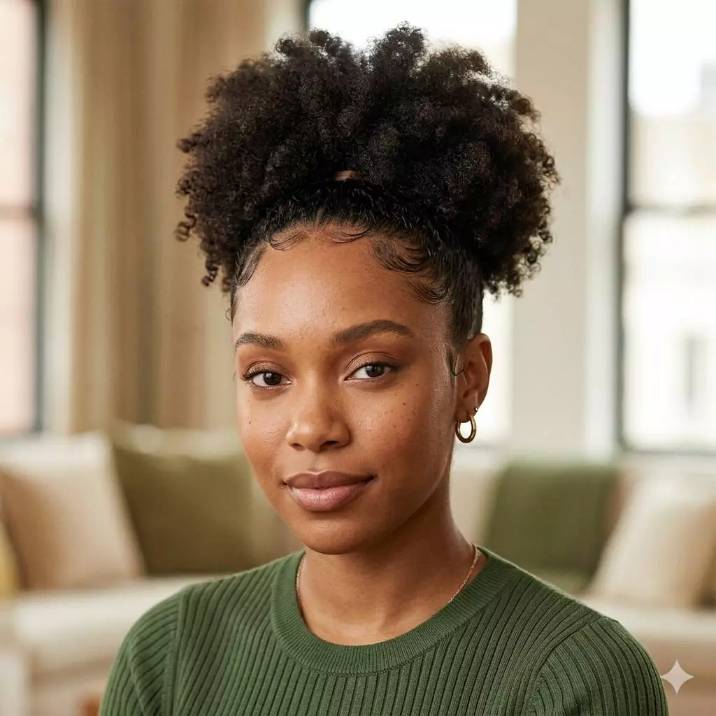 afro puff ponytail hairstyle for black women with soft natural volume, neat edges, and lifted rounded shape
