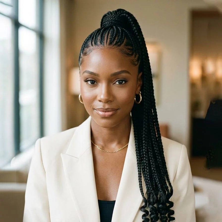 braided ponytail hairstyle for black women with neat scalp detail, long braid length, sculpted pulled-back base, and polished finish