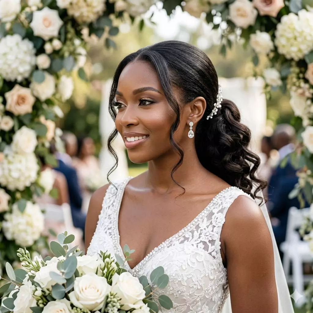 bridal low ponytail with curls for black women with polished crown, soft curled tail, and romantic face-framing pieces
