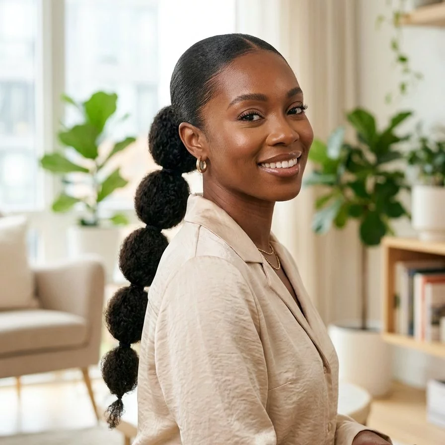 bubble ponytail hairstyle for black women with sleek sections, rounded bubble spacing, smooth crown, and trend-forward polished shape