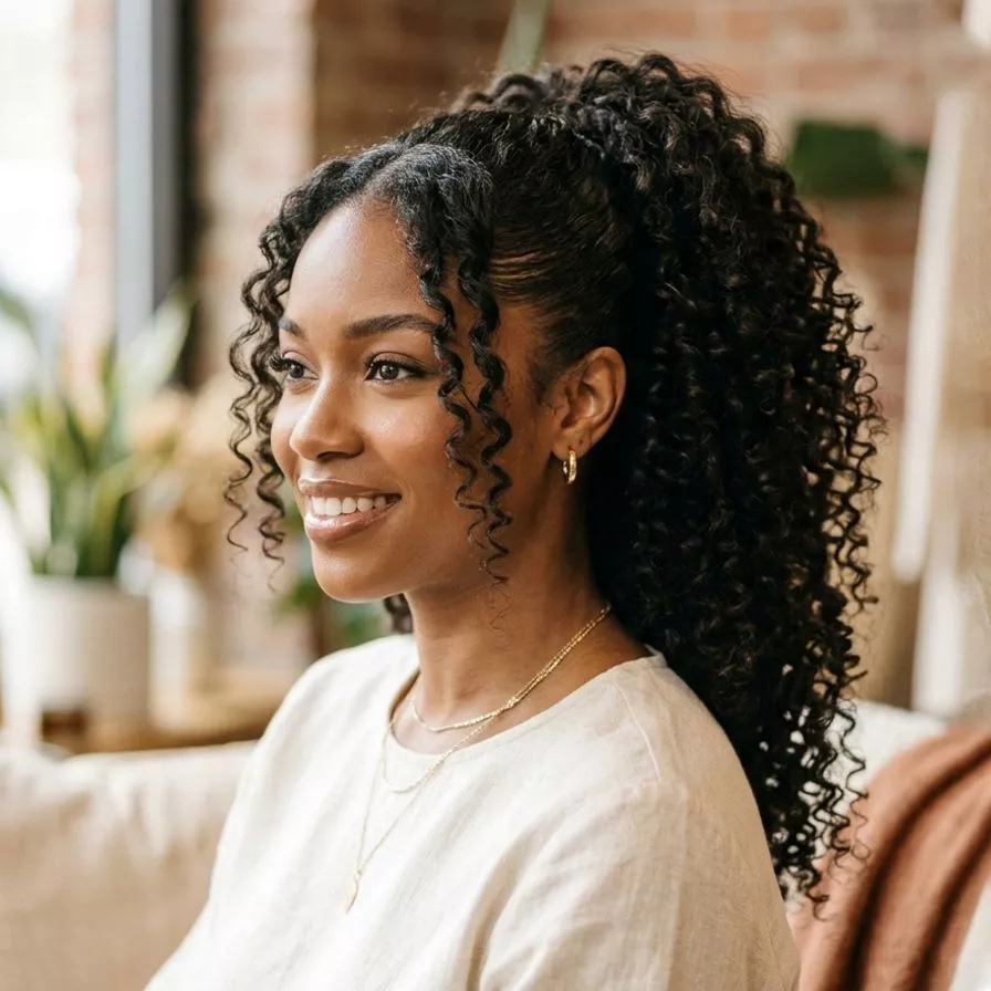 curly ponytail with side part for black women with defined curls, soft front framing, and fuller romantic movement