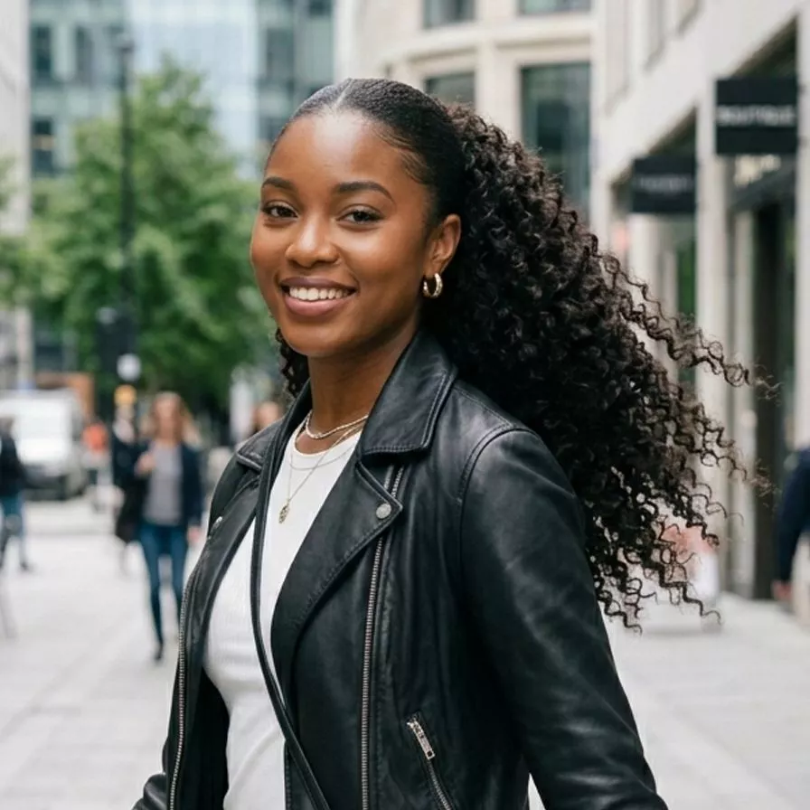 curly ponytail hairstyle for black women with defined texture, soft fullness, polished base, and airy movement through the length