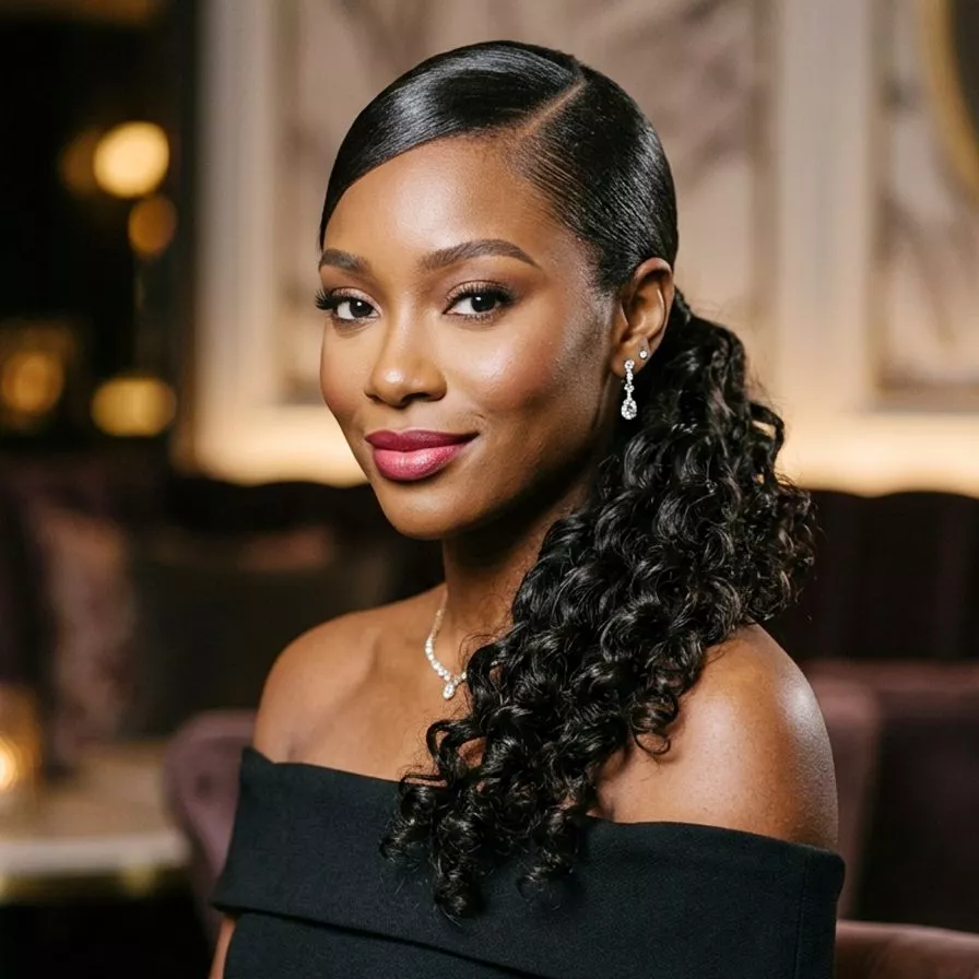 deep side part ponytail hairstyle for black women with sleek side sweep, curled length, and elegant evening finish