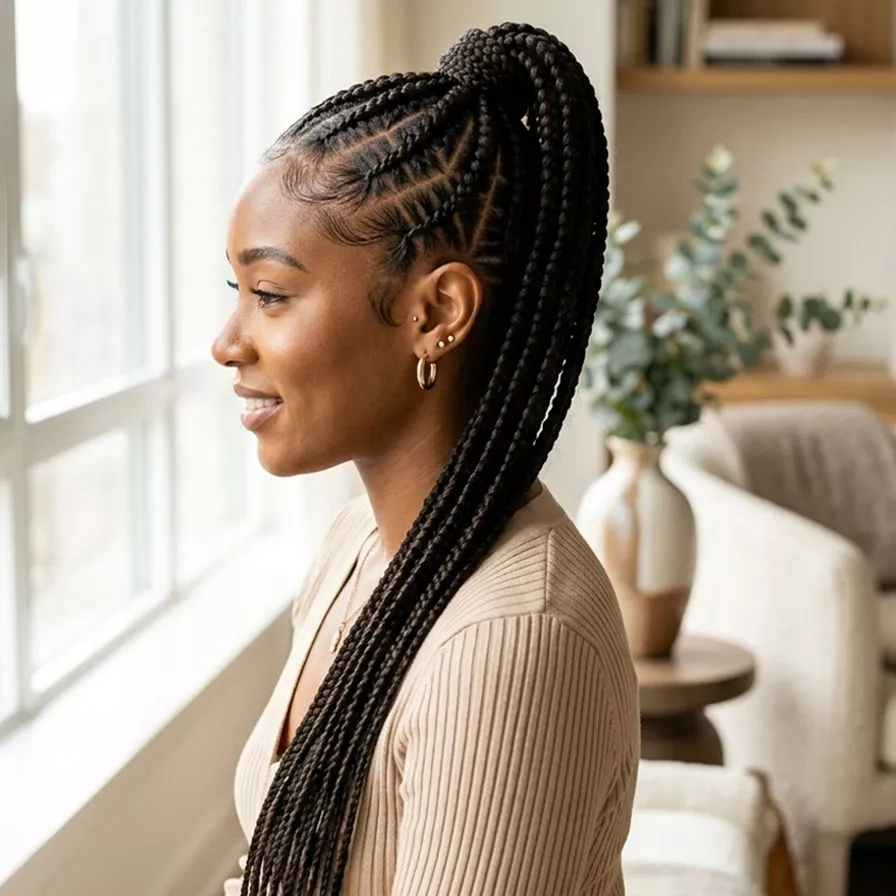 feed-in braided ponytail hairstyle for black women with clean scalp pattern, long braided tail, and polished high placement
