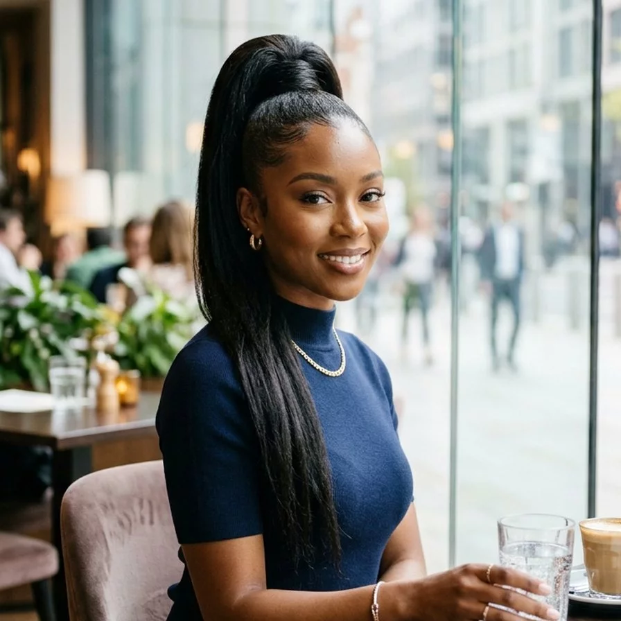 high ponytail hairstyle for black women with lifted crown, sleek edges, long wrapped base, and confident elongated silhouette