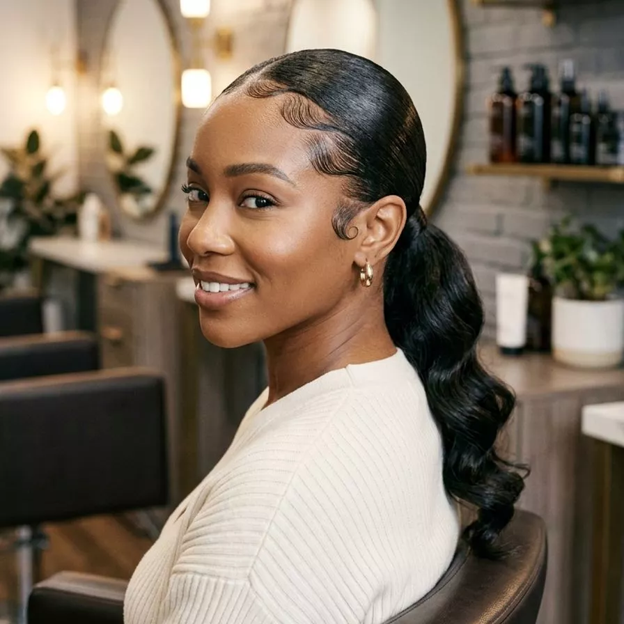 low ponytail with laid edges hairstyle for black women with sleek base, sculpted baby hairs, and soft wave through the tail