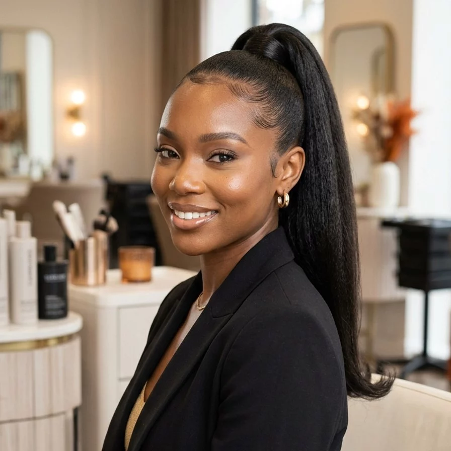 black ponytail hairstyles hero image with a polished Black woman wearing a sleek high ponytail, laid edges, and elegant face-framing styling