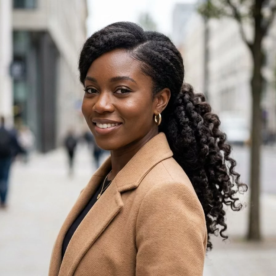 side ponytail hairstyle for black women with soft side sweep, controlled volume, curled lengths, and flattering shoulder-grazing movement