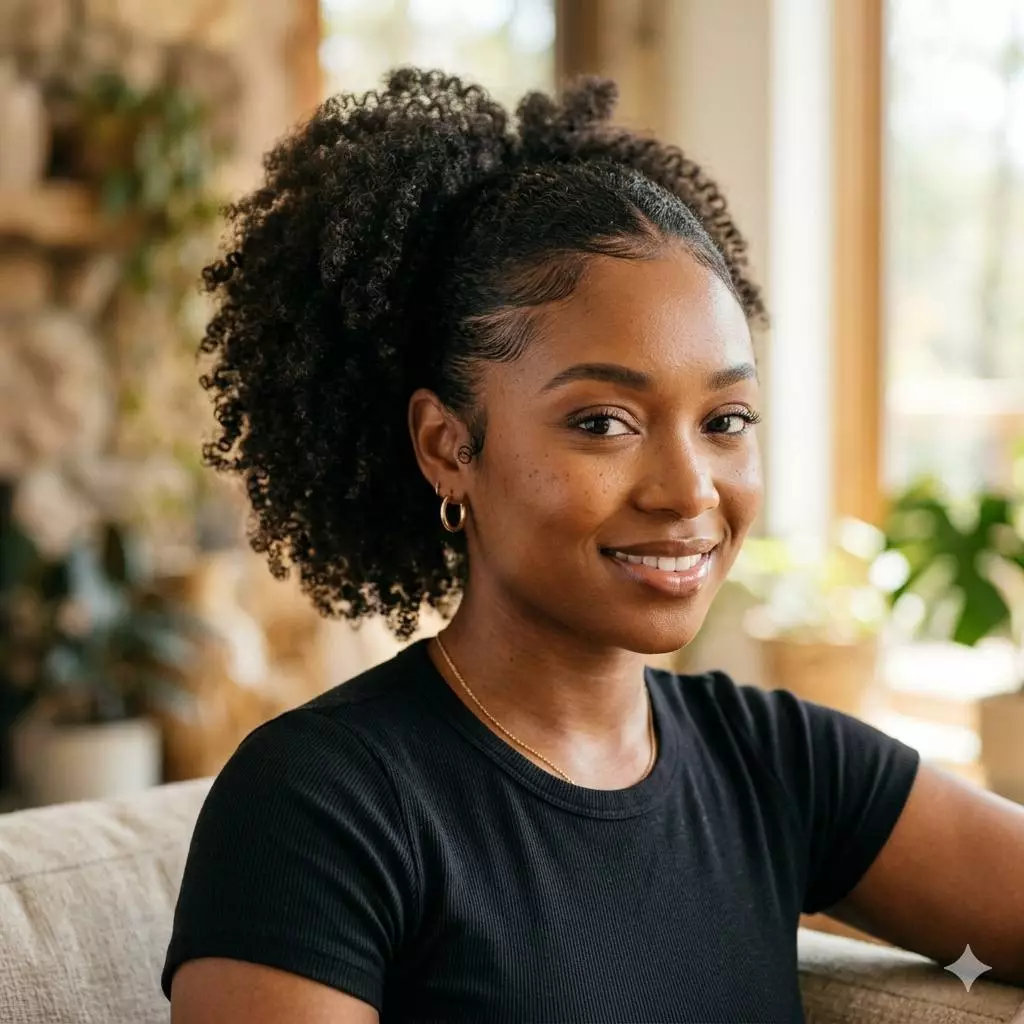 textured and natural ponytail hairstyle for black women with afro puff ponytail, soft natural volume, neat sides, and balanced face framing