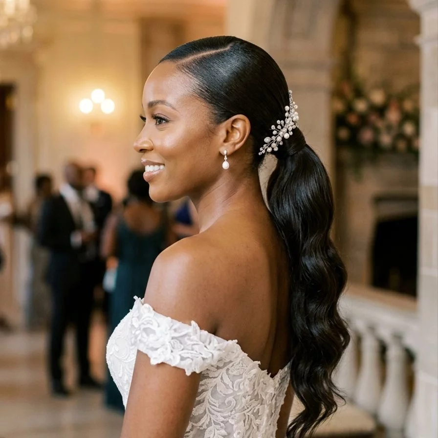 wedding ponytail hairstyle for black hair with polished low ponytail, soft curls, elegant face-framing pieces, and event-ready finish