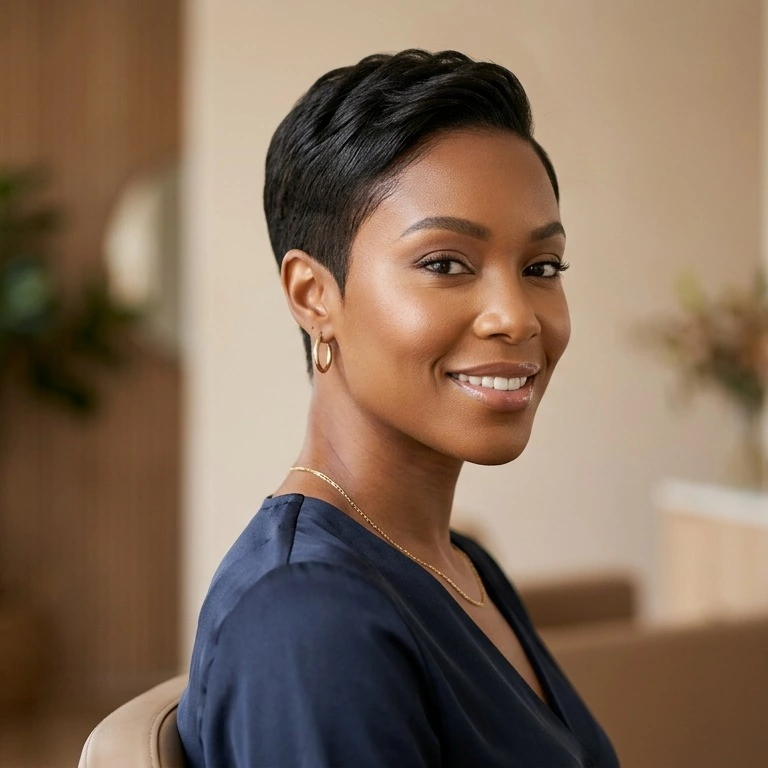sharp tapered short hairstyle for black women with a clean nape and defined outline