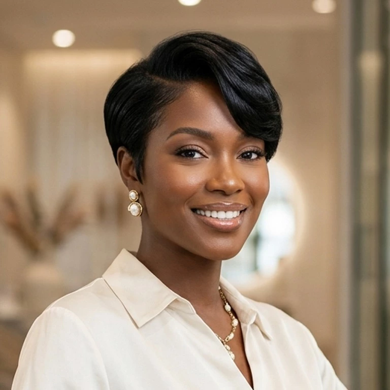 short hairstyle for black women with a polished cropped shape, clean outline, and modern face-framing finish