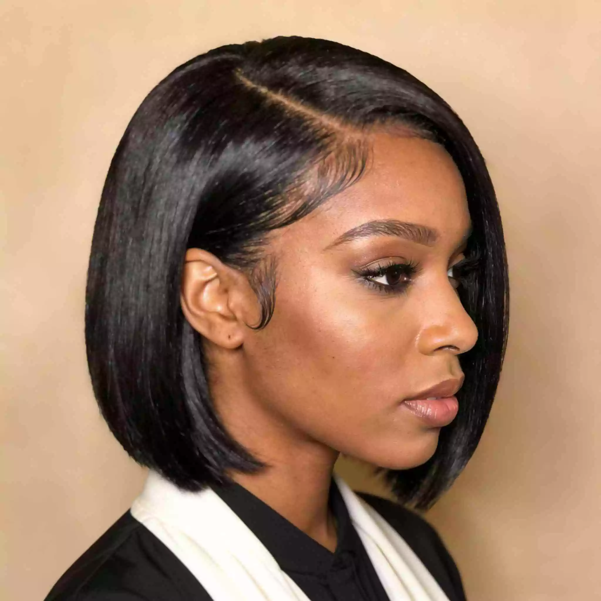 side-part polished bob for black women with smooth finish and short face-framing line