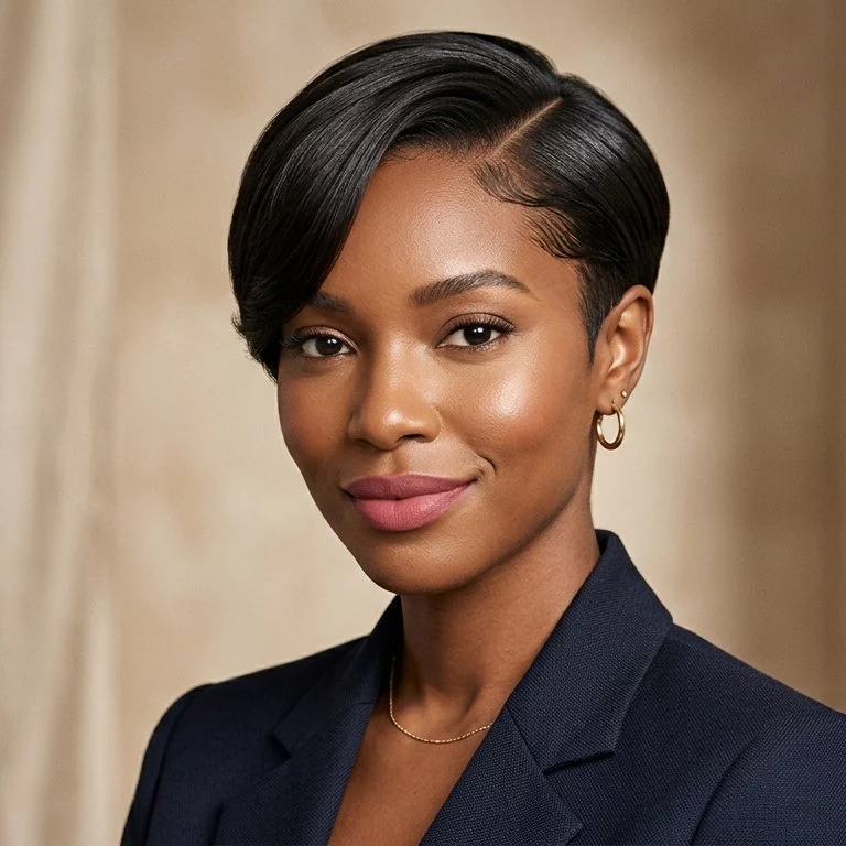 sleek side-part pixie for black women with close sides, clean neckline, and polished finish