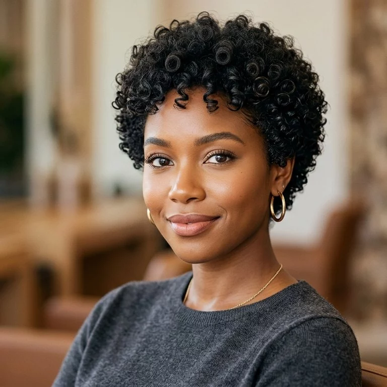 soft rounded short curls for black women with airy volume and a rounded shape